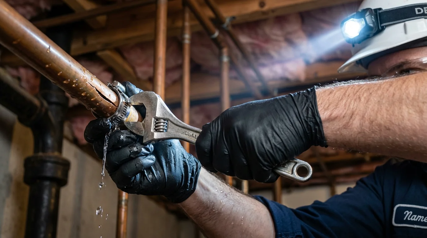 Emergency pipe clamp repair being performed by a Johns Plumbing LLC plumber in Lockport