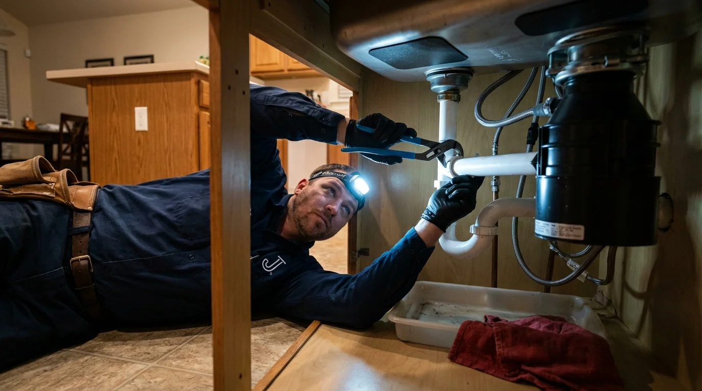 P-trap and supply line connections under a kitchen sink showing a common leak point in Lockport, LA